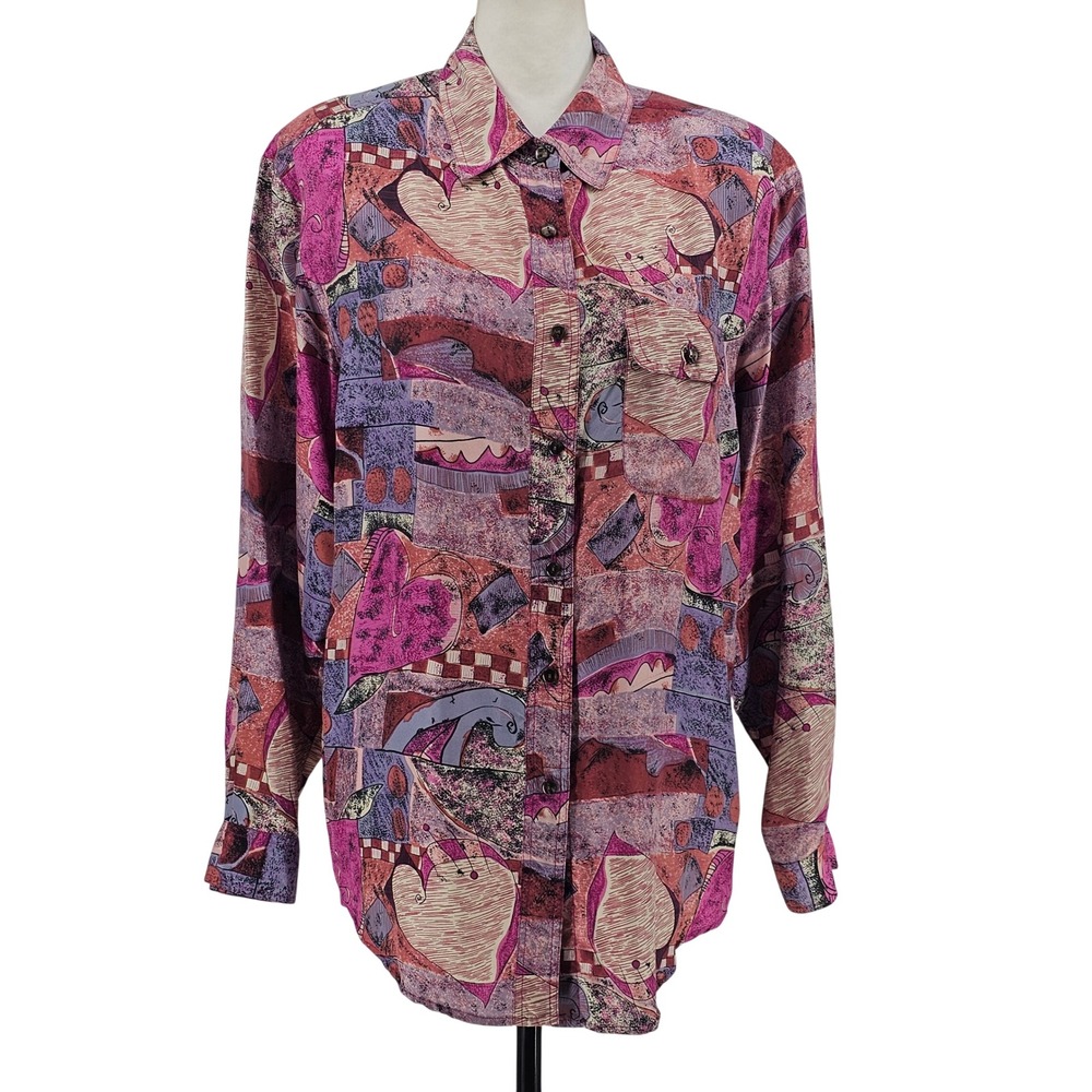 Diane Gilman Silk Button Up Blouse Large Pink Purple Abstract Art to Wear 90s